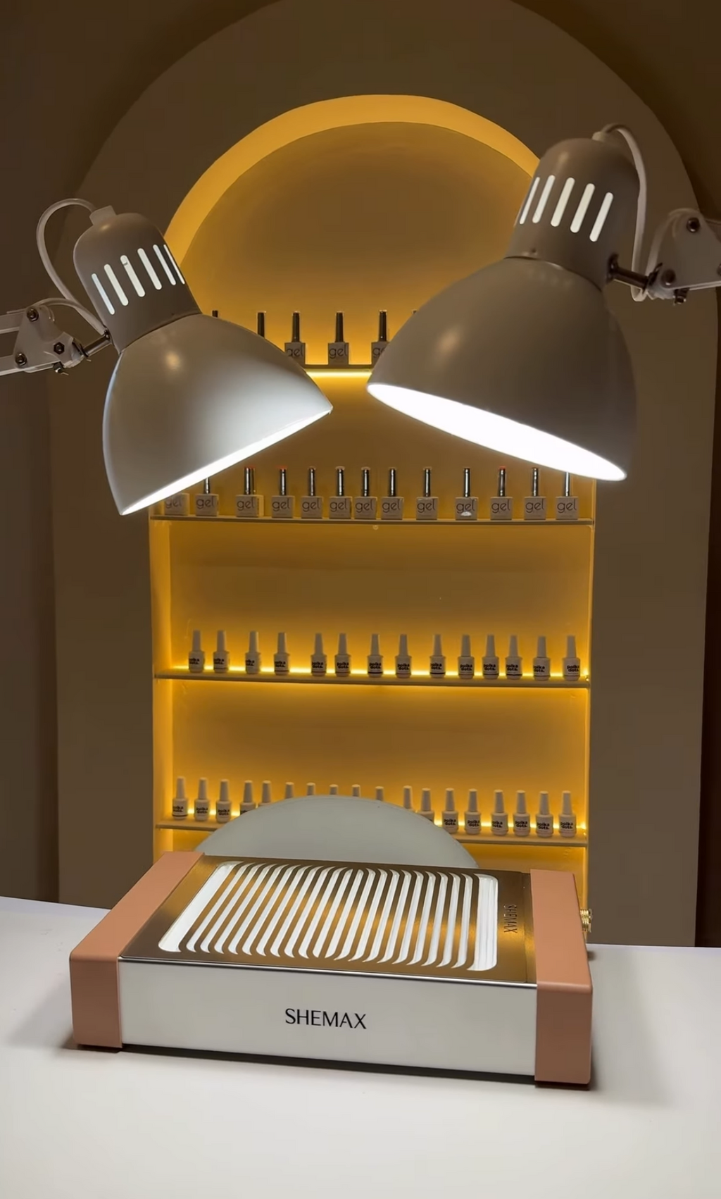 Shemax brand nail dust collector mocha mousse with a shelf in the background